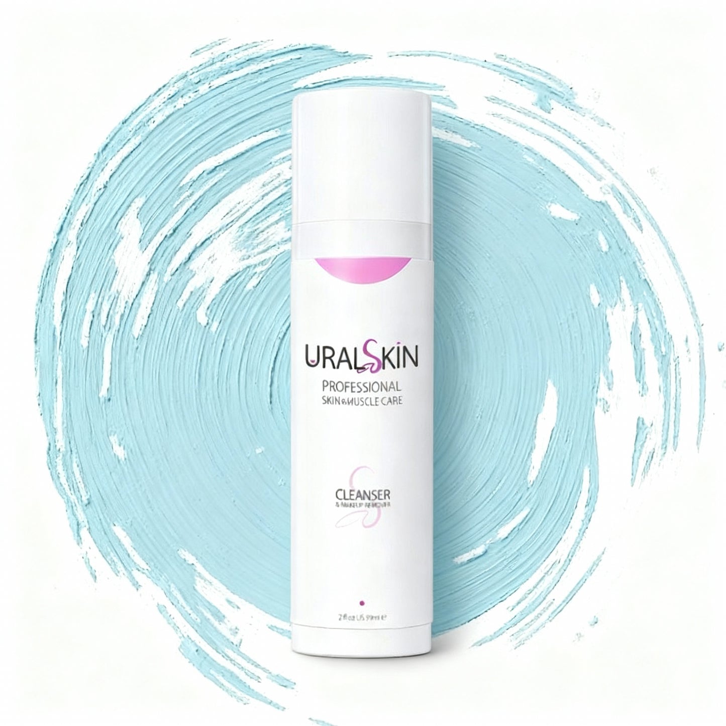 URALSKIN Hypoallergenic Cleanser & Makeup Remover Gel bottle on a white background with an aqua brushstroke circle