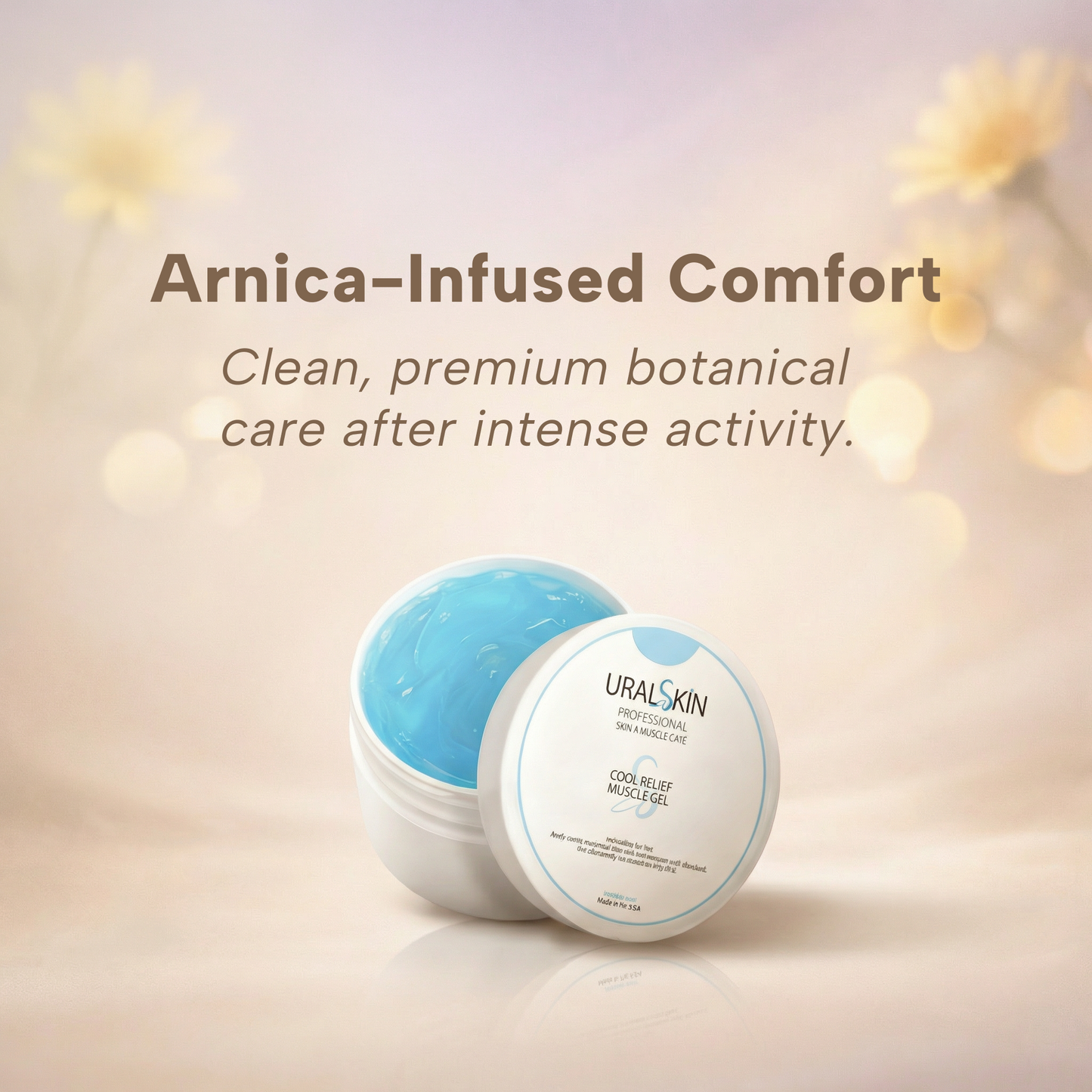 Uralskin Arnica-Infused Comfort product with text on a blurred background