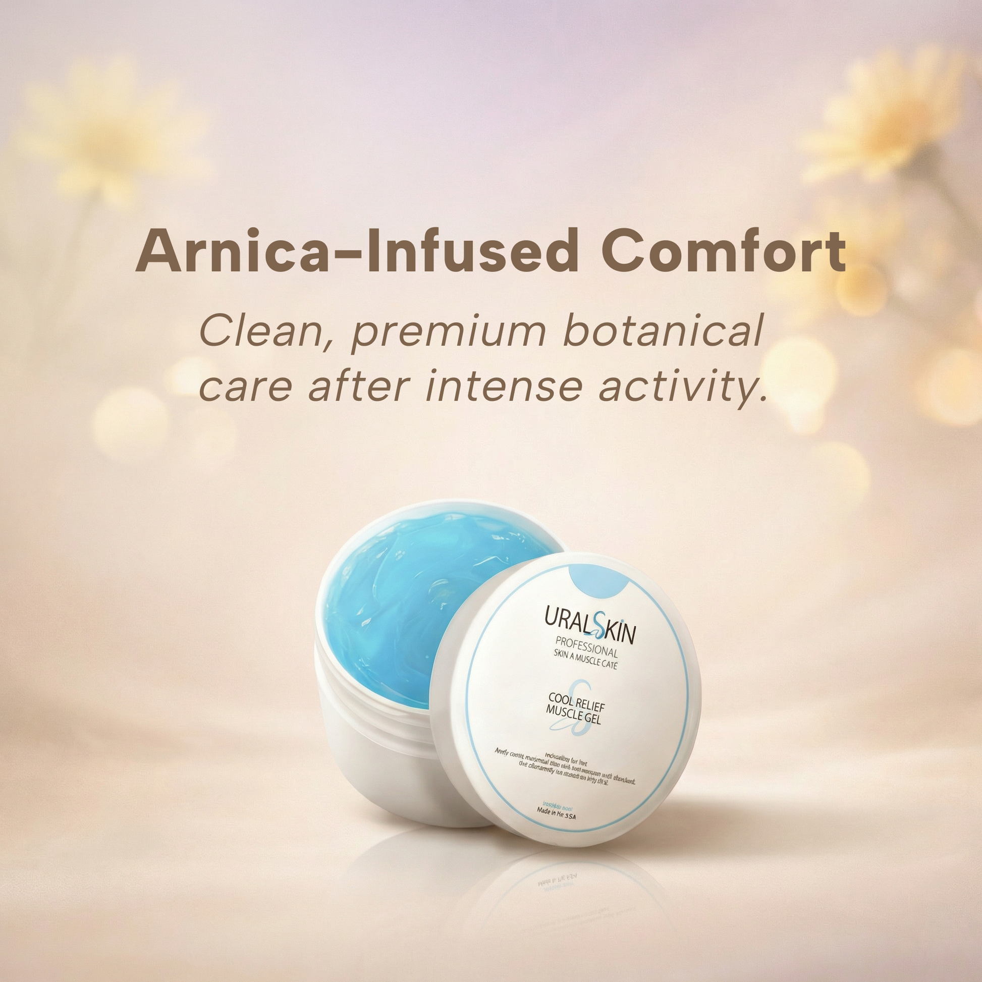 Uralskin Arnica-Infused Comfort product with text on a blurred background