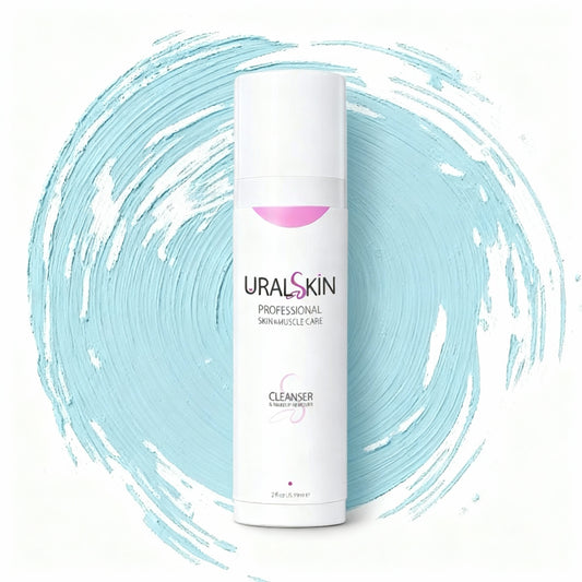 URALSKIN Hypoallergenic Cleanser & Makeup Remover Gel bottle on a white background with an aqua brushstroke circle