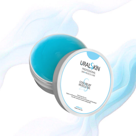 URALSKIN Cool Relief Muscle Gel in an open jar with blue gel on a light blue background
