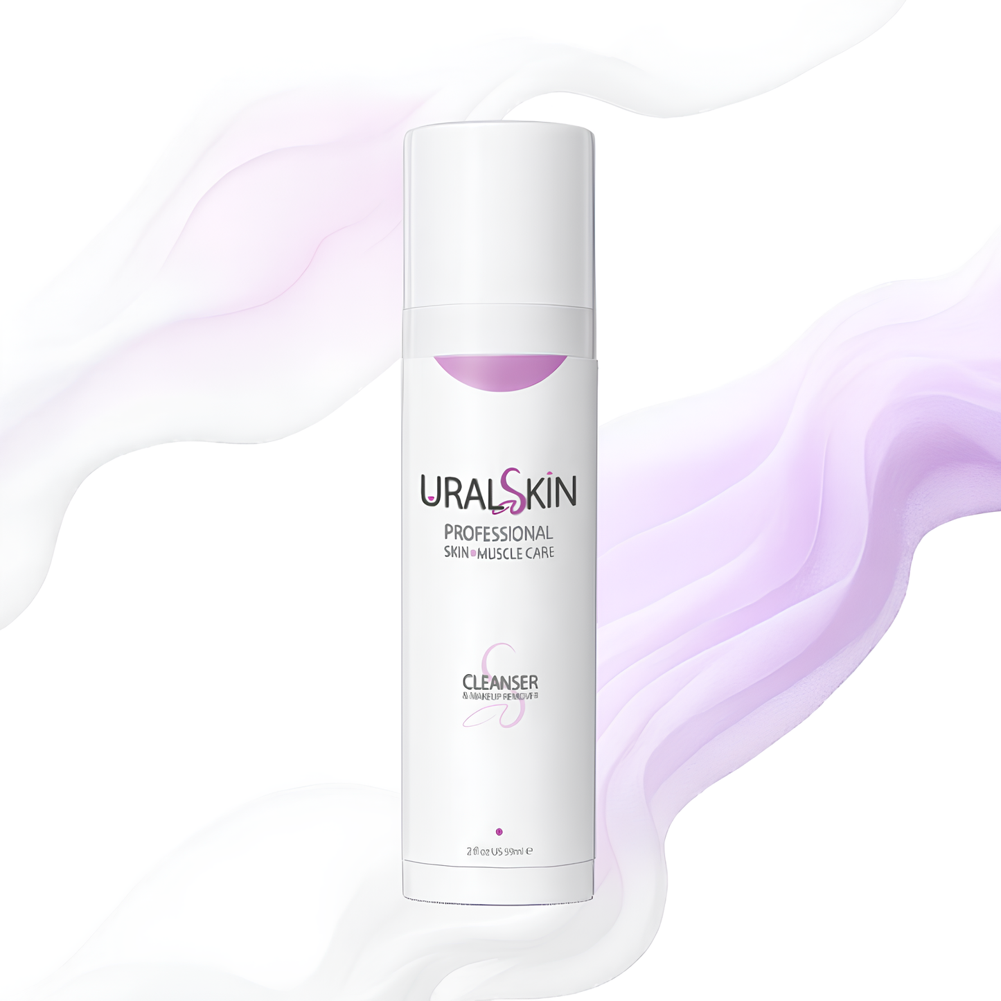 Bottle of URALSKIN Hypoallergenic Cleanser & Makeup Remover Gel on a white background with purple accents