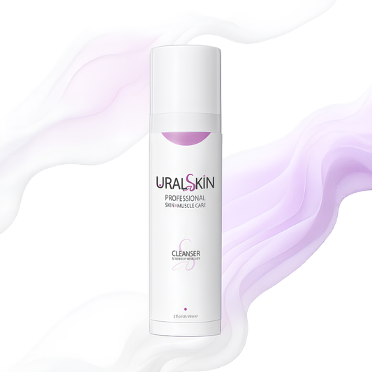 Bottle of URALSKIN Hypoallergenic Cleanser & Makeup Remover Gel on a white background with purple accents