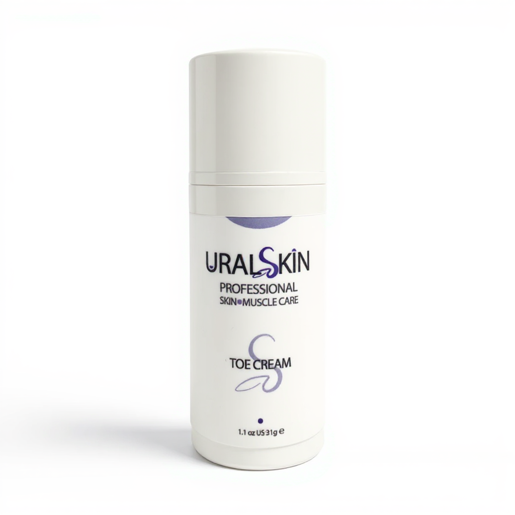 UralSkin Professional Toe Cream 1 oz bottle on a white background, soothing foot cream for dancers, skaters and gymnasts