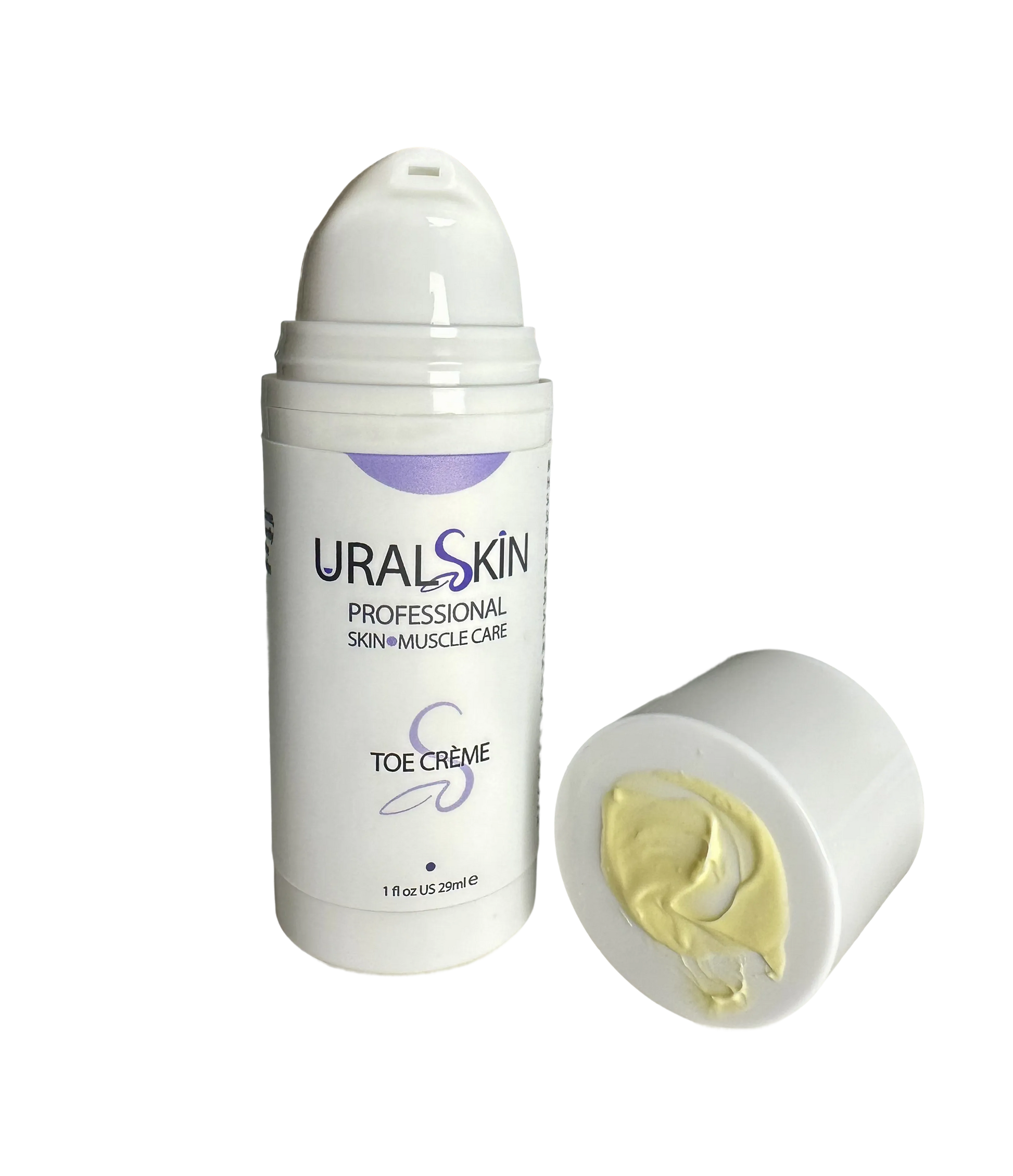 UralSkin Professional Toe Cream open 1 oz bottle with visible cream texture, recovery foot cream for dancers, skaters and gymnasts