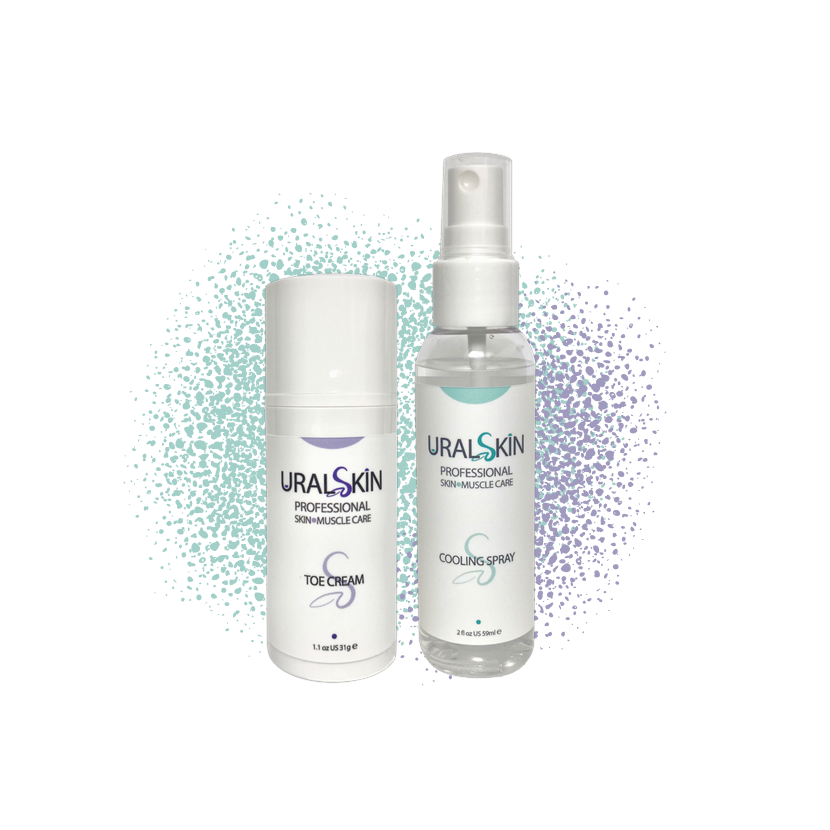 URALSKIN Toe Cream and Cooling Spray duo on a white background with teal and purple dots
