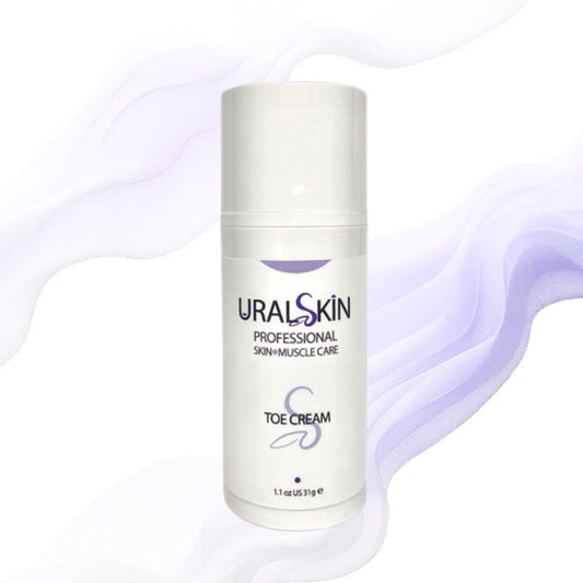 URALSKIN Toe Cream for dancers and athletes on a white background with soft purple waves
